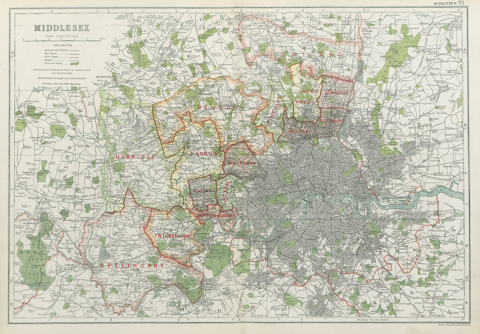 MIDDLESEX showing Parliamentary divisions,boroughs & parks.London.BACON 1920 map